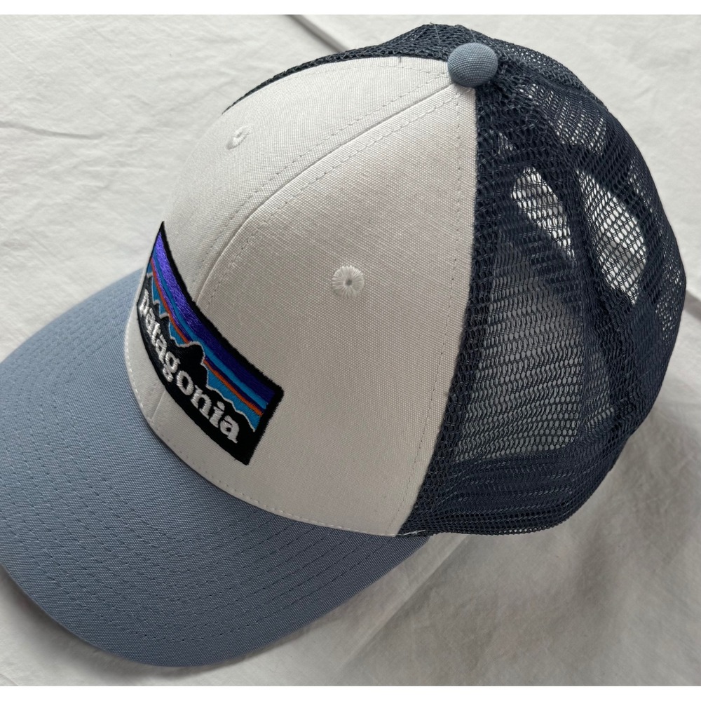 Patagonia P-6 Logo Trucker Hat Mesh Back Snapback Blue White Organic Cotton Cap - Picture 3 of 12